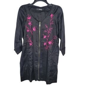 Parno Black Full Zip Tunic Black Pink Embroidery Floral Long Sleeve Medium